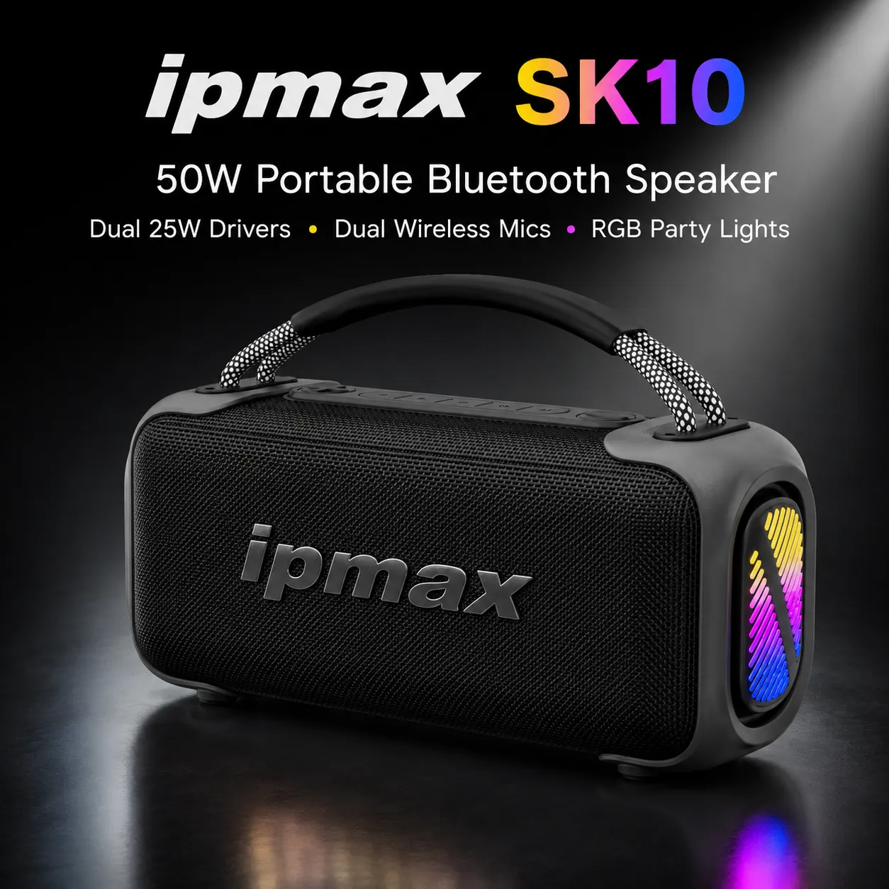 SK10 50W Party Speaker · 2 Full-Size Microphones Included