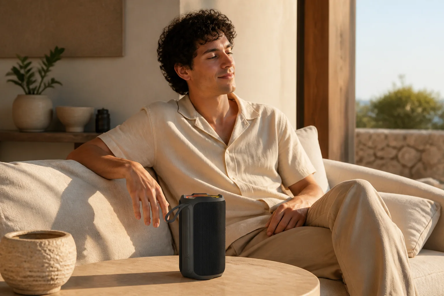 A listener relaxing beside a portable IPMAX speaker in warm afternoon light
